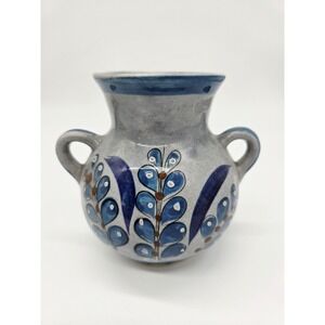 Tonala Two Handled Vase Glazed Pottery Mexican Folk Art Hand Painted Floral Vtg